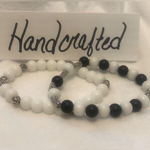 Black and White Onyx 8mm Beaded Stretch Bracelets - 2pc set